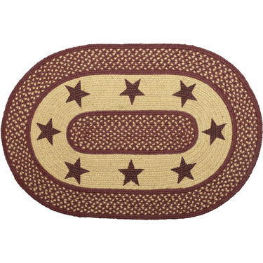 Burgundy Red Primitive Jute Braided Rug Oval Stencil Stars 20